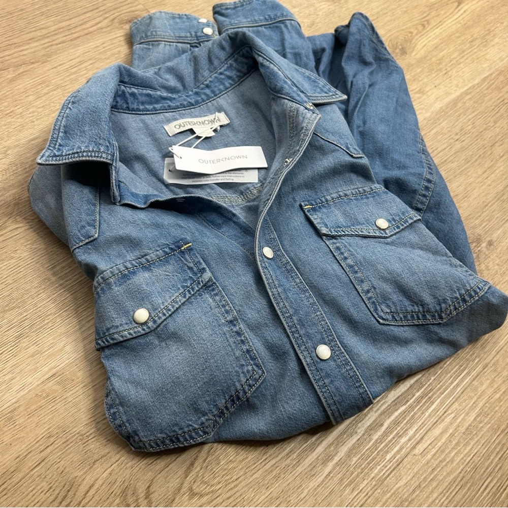 NWT Outerknown 100% Organic Cotton Denim Pearl Snap Button Down Long Shirt - Picture 5 of 16